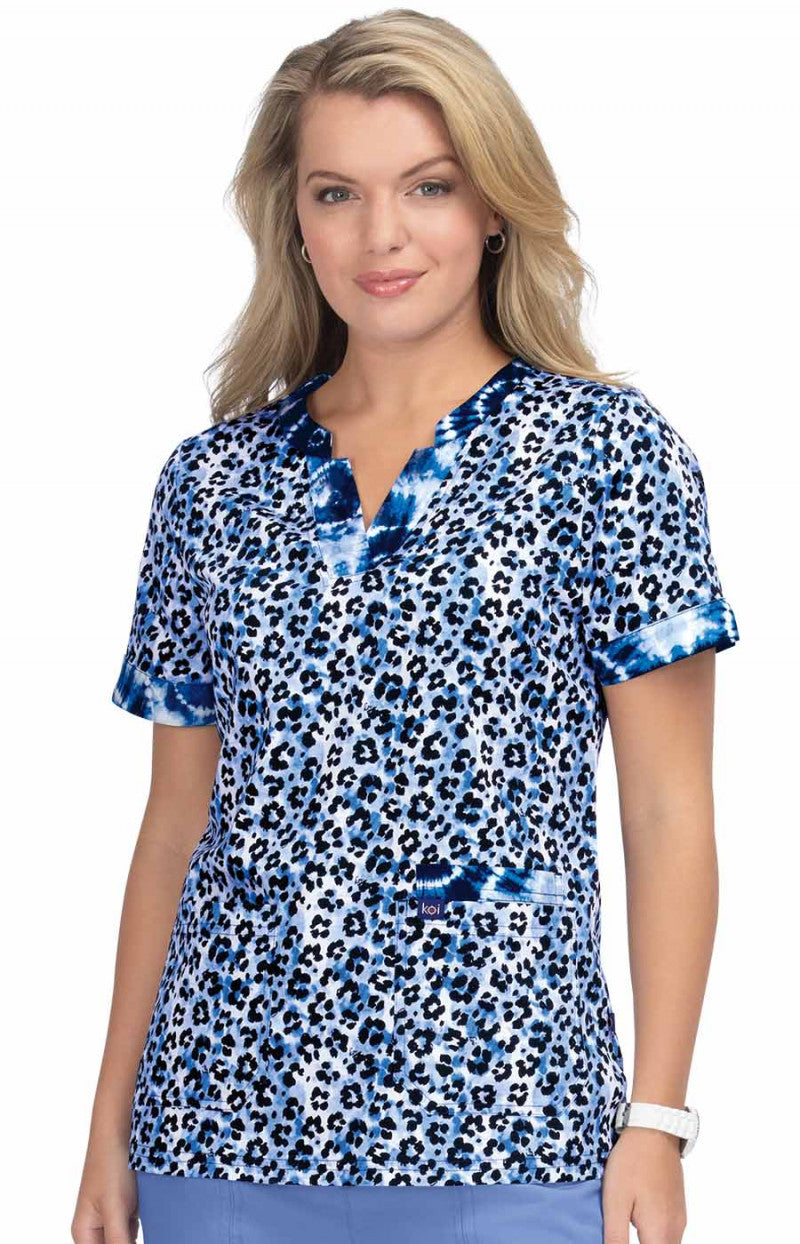 1070PR Stretch Elena Top — Tie Dye Leopard Blue