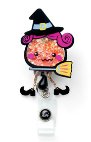 A156 Shaker Badge Reel — Candy Corn Witch